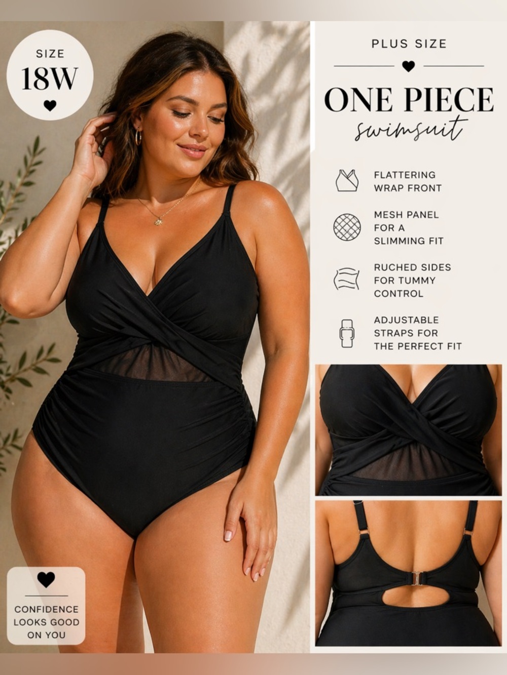 Plus Size Black One-Piece Swimsuit with Mesh Panel